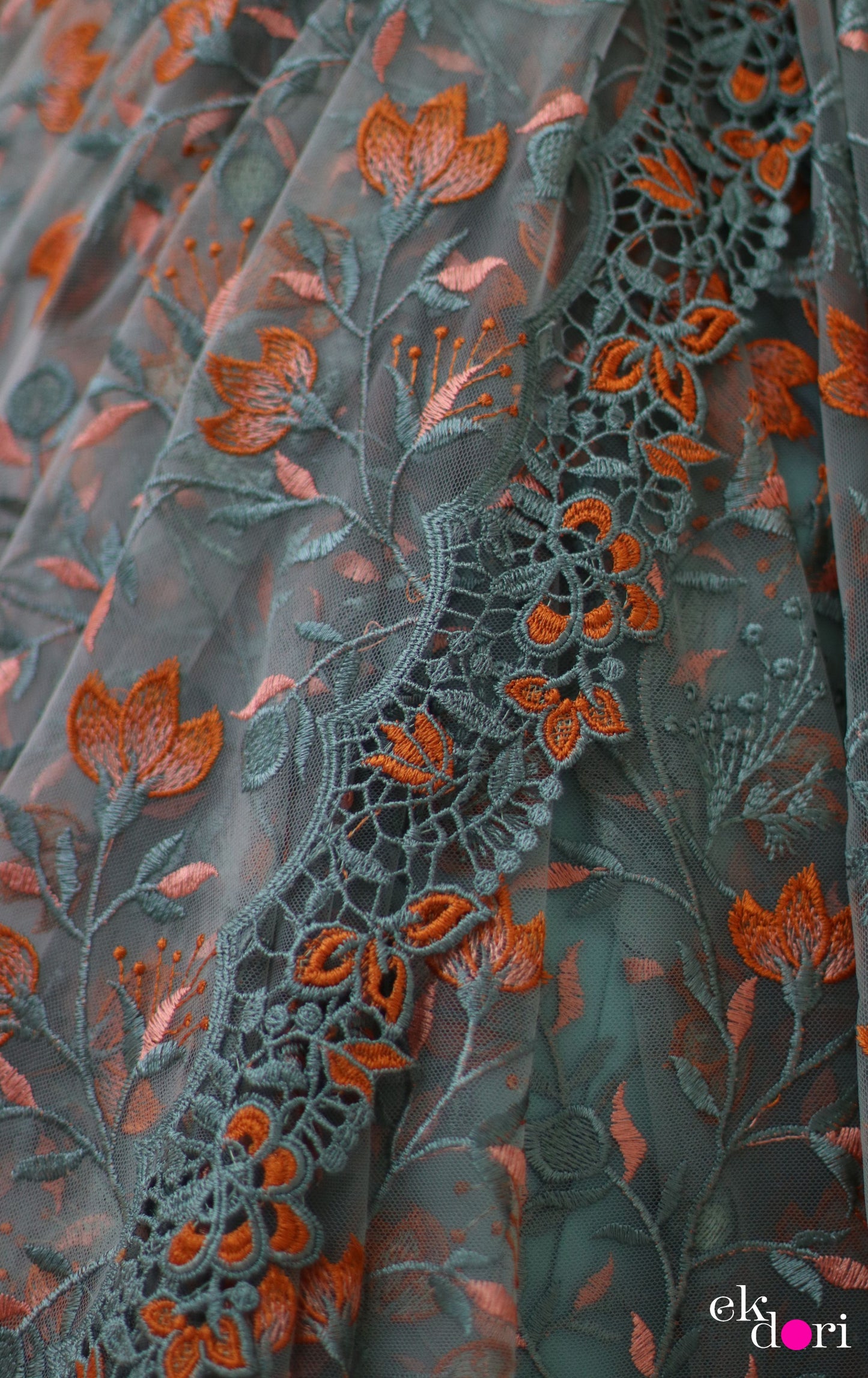 Buy Designer Net Saree : Powder Blue Floral Red Net Saree