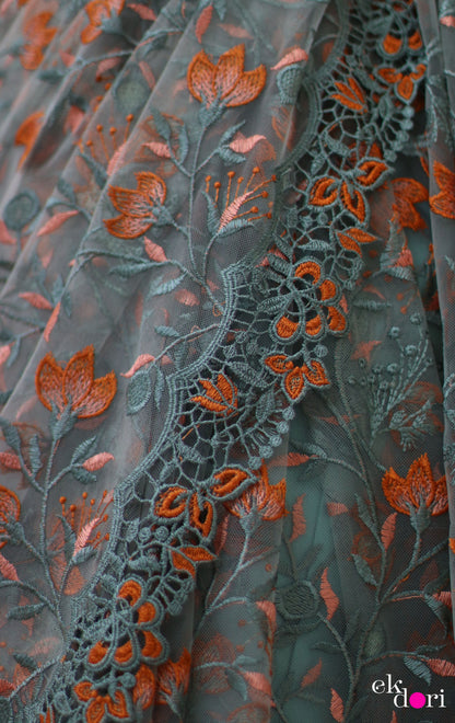 Buy Designer Net Saree : Powder Blue Floral Red Net Saree