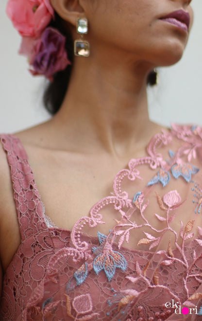 Buy Designer Net Saree : Baby Pink Floral Red Net Saree