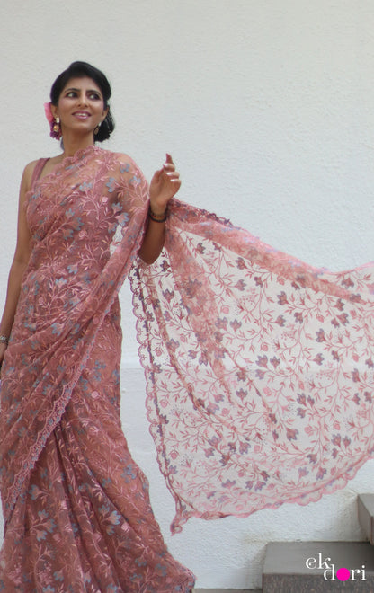 Buy Designer Net Saree : Baby Pink Floral Red Net Saree
