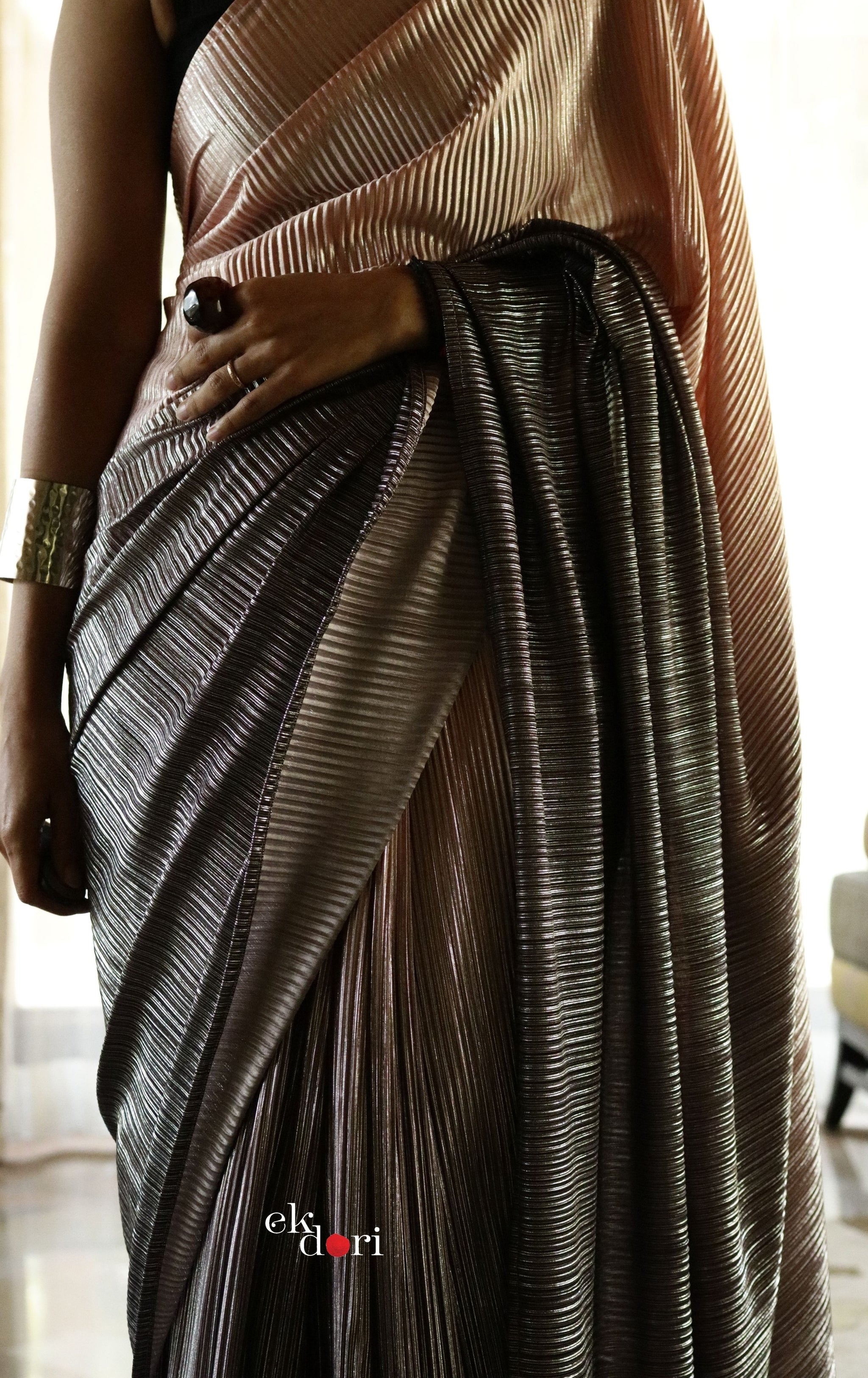 Gold & Pink Saree : Micro Pleated Designer Saree : Metallic Cocktail Saree