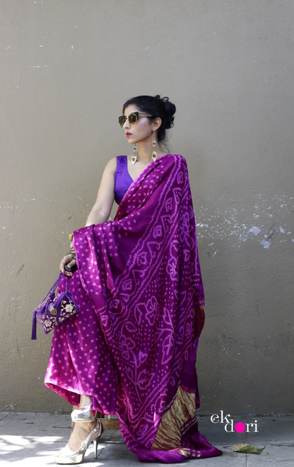 Buy Bandhani Designer Silk Saree Online : 'Pink Paradise' Silk Bandhani Hand Dyed Saree