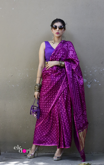 Buy Bandhani Designer Silk Saree Online : 'Pink Paradise' Silk Bandhani Hand Dyed Saree