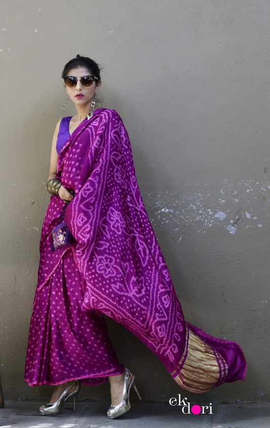 Buy Bandhani Designer Silk Saree Online : 'Pink Paradise' Silk Bandhani Hand Dyed Saree
