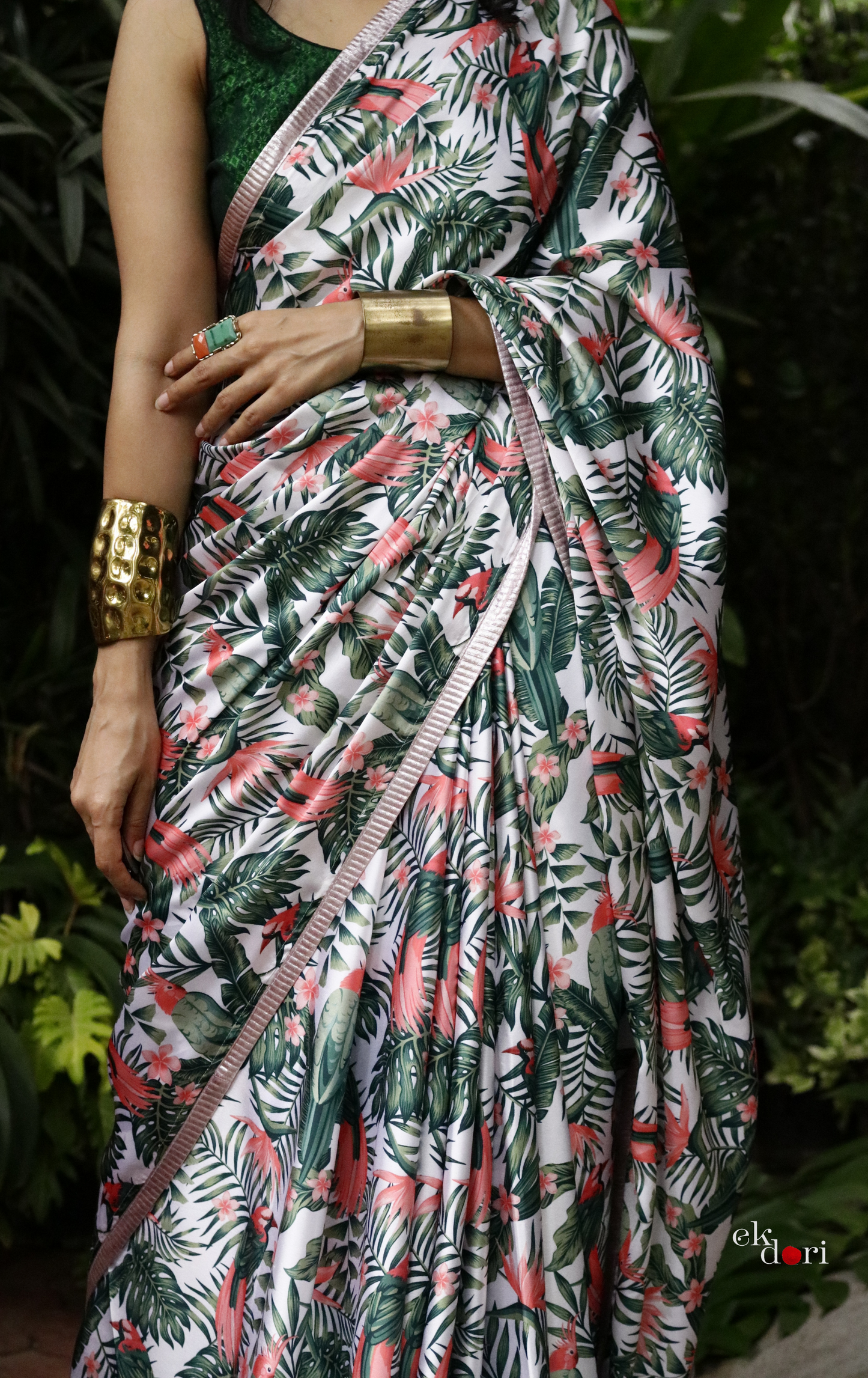 'Pink Feathers' Tropical Print Satin Statement Saree : Buy Cocktail Sarees Online