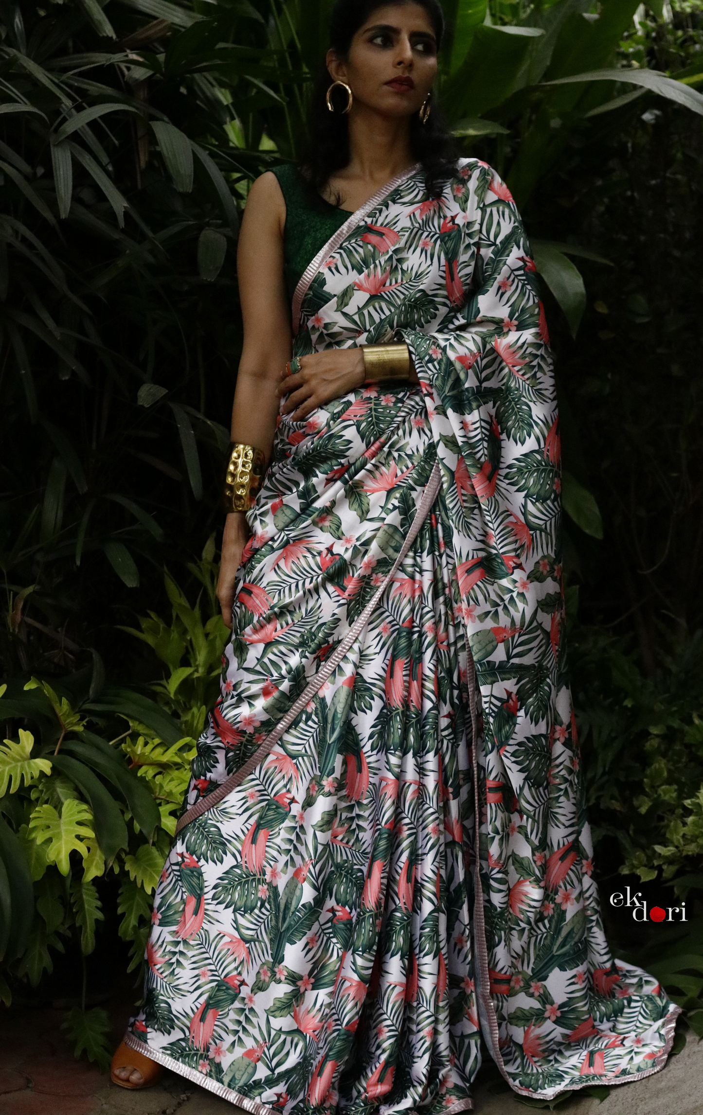 'Pink Feathers' Tropical Print Satin Statement Saree : Buy Cocktail Sarees Online