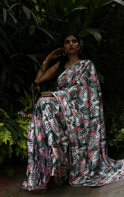 'Pink Feathers' Tropical Print Satin Statement Saree : Buy Cocktail Sarees Online