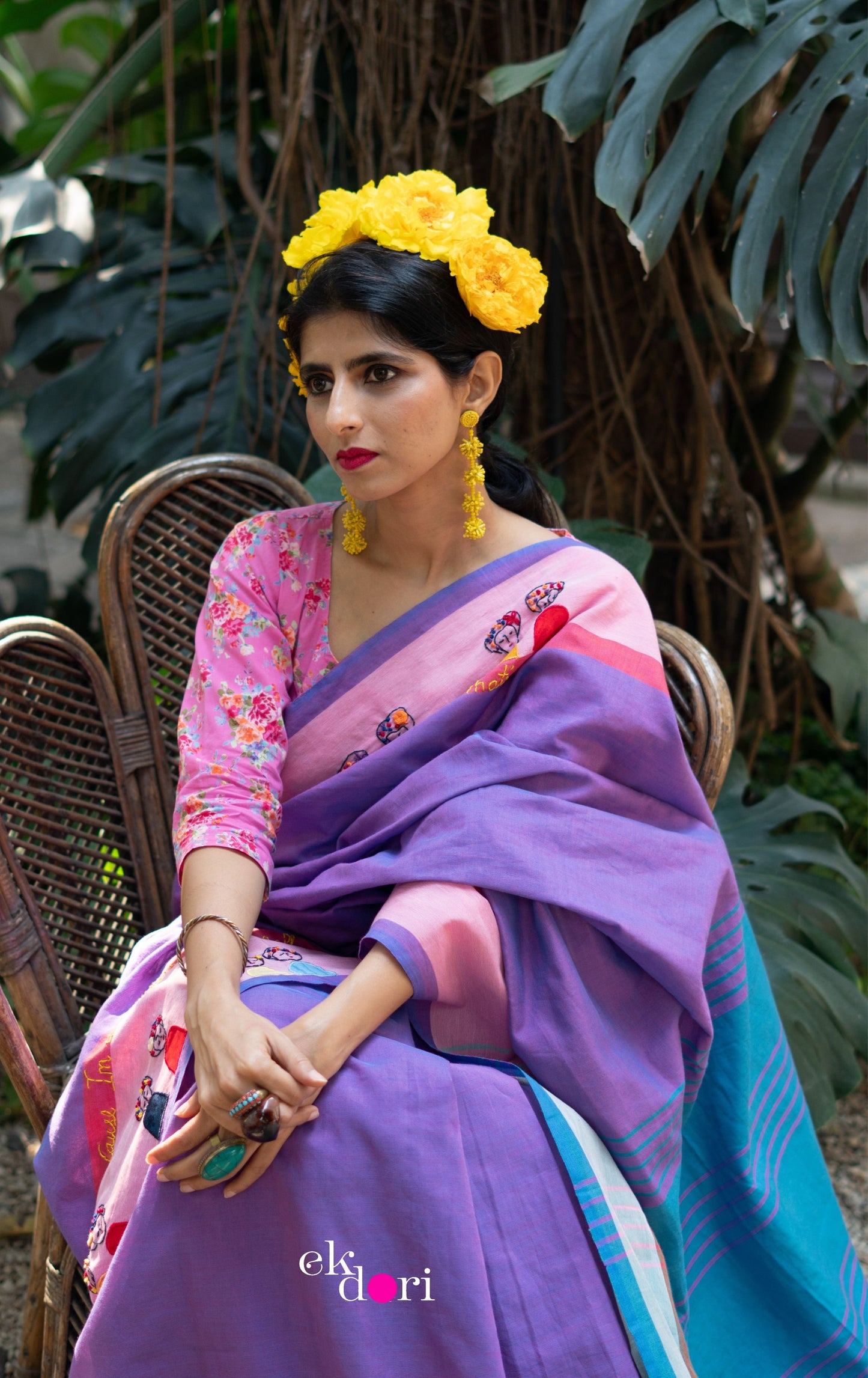 The Frida Saree In Pink: Buy Cotton Statement Hand Embroidered Saree