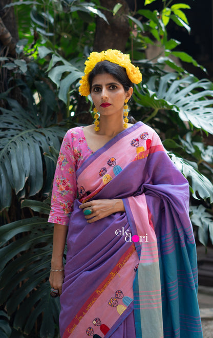 The Frida Saree In Pink: Buy Cotton Statement Hand Embroidered Saree