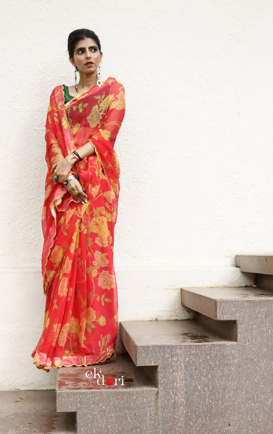 Buy Floral Chiffon Saree Online : 'Blushing Bride' Floral Semi Chiffon Saree With Scalloped Edges
