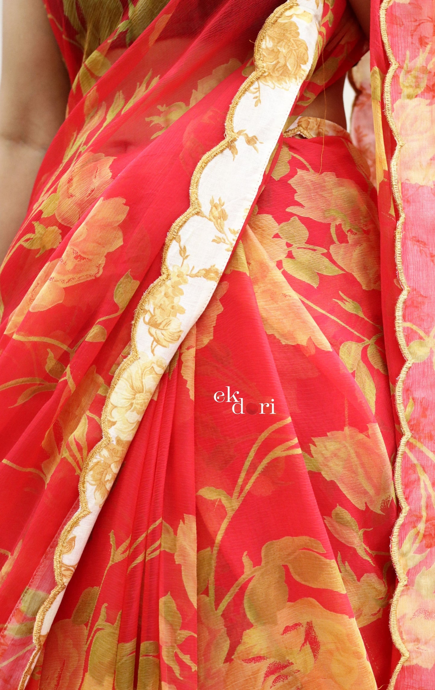 Buy Floral Chiffon Saree Online : 'Blushing Bride' Floral Semi Chiffon Saree With Scalloped Edges