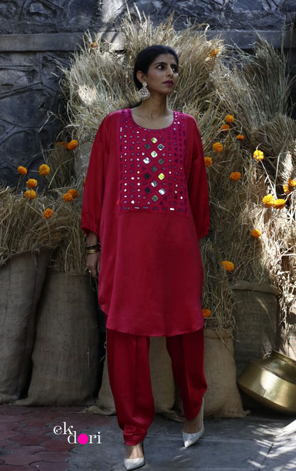 'Rani In Kutch' Mashru Mirror Work Co-ord Set in Pink : Buy Salwaar Kurta Festive Co-ord Set