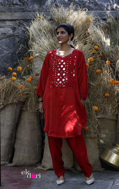 'Rani In Kutch' Mashru Mirror Work Co-ord Set in Pink : Buy Salwaar Kurta Festive Co-ord Set