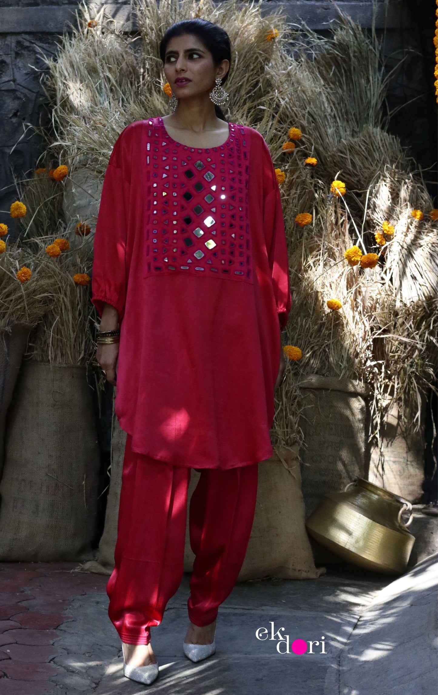 'Rani In Kutch' Mashru Mirror Work Co-ord Set in Pink : Buy Salwaar Kurta Festive Co-ord Set