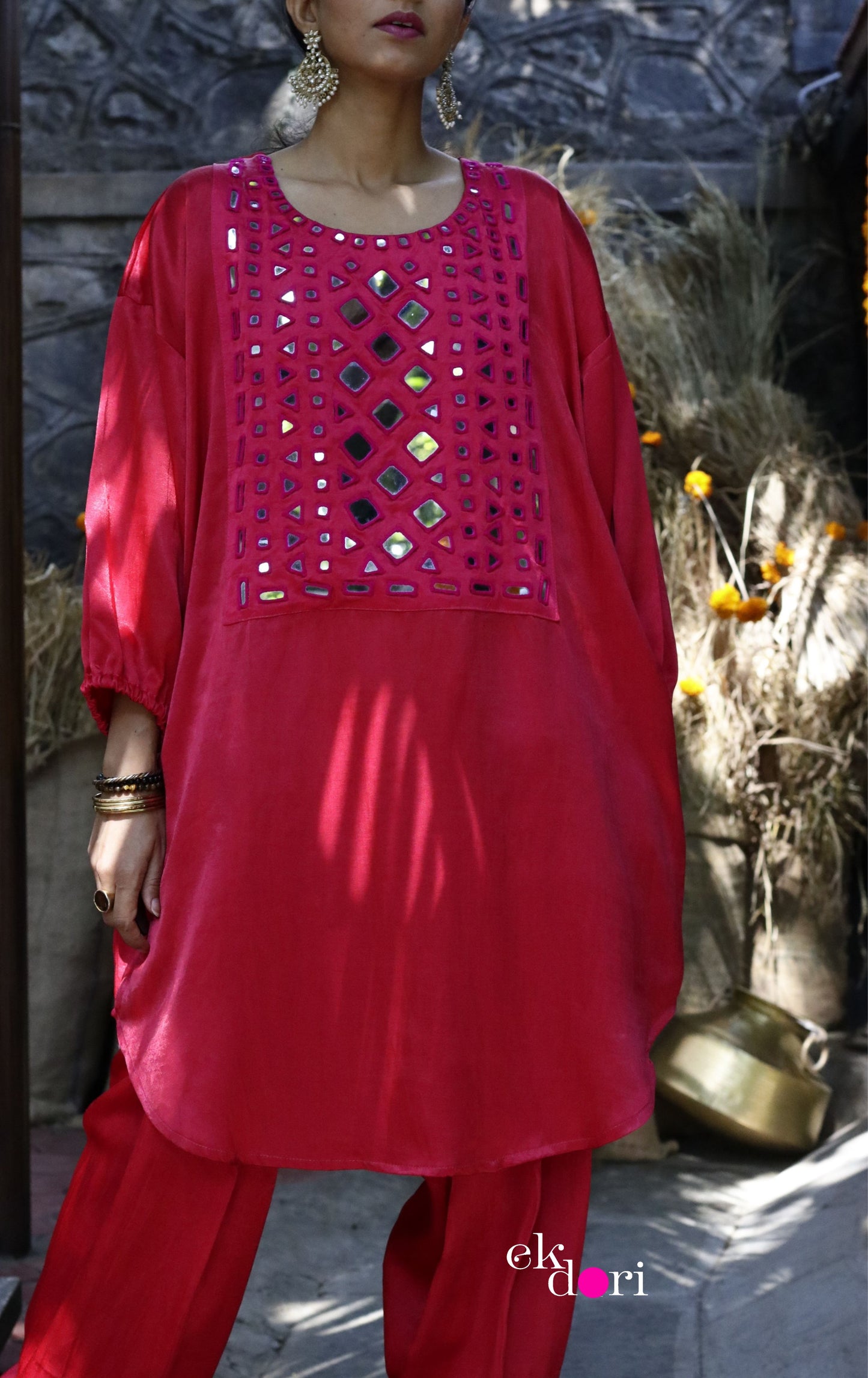 'Rani In Kutch' Mashru Mirror Work Co-ord Set in Pink : Buy Salwaar Kurta Festive Co-ord Set