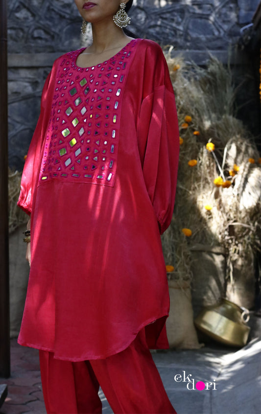 'Rani In Kutch' Mashru Mirror Work Co-ord Set in Pink : Buy Salwaar Kurta Festive Co-ord Set