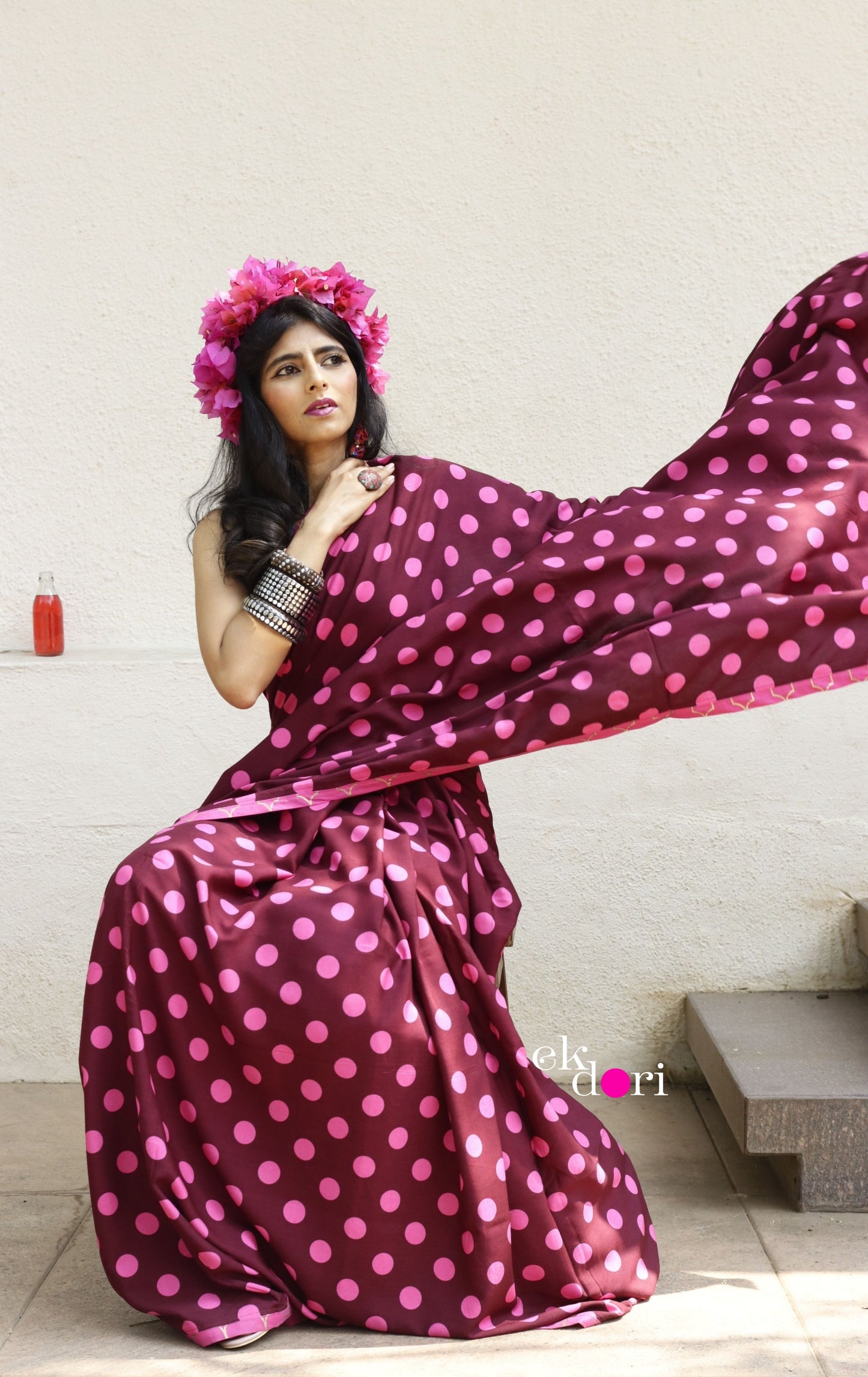 Pink Polka Dot Saree : Fun Under The Sun Saree Collection : Fun Printed Sarees For Summer