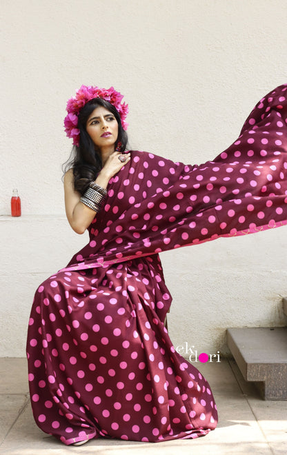 Pink Polka Dot Saree : Fun Under The Sun Saree Collection : Fun Printed Sarees For Summer