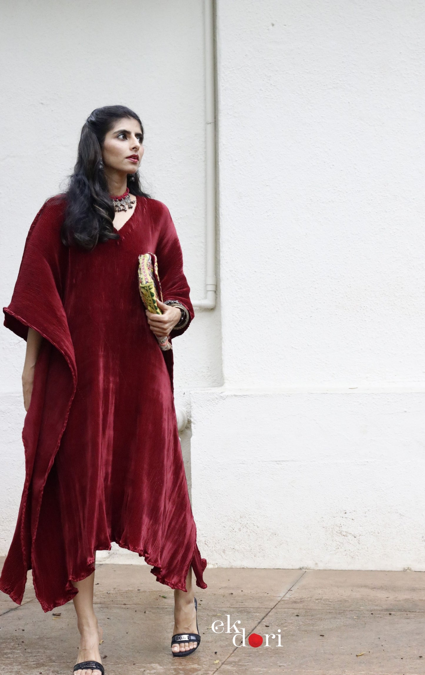 Plum Micropleated Kaftan Dress : Statement Micropleated Kaftan Kurta Dress