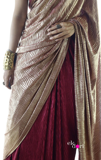 Goddess In Gold & Red : Micro Pleated Designer Saree : Metallic Cocktail Saree