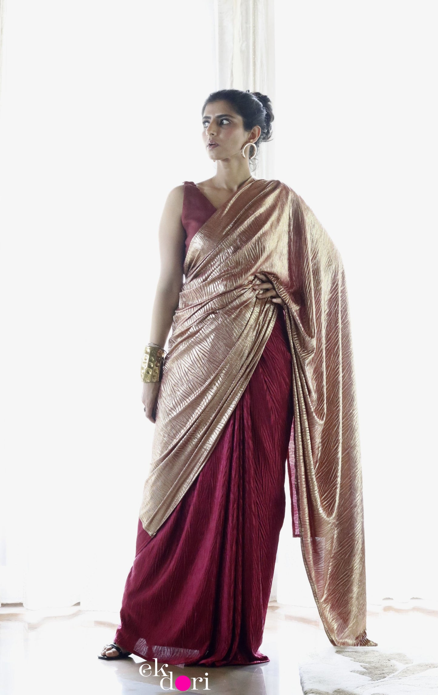 Goddess In Gold & Red : Micro Pleated Designer Saree : Metallic Cocktail Saree