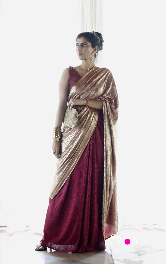 Goddess In Gold & Red : Micro Pleated Designer Saree : Metallic Cocktail Saree