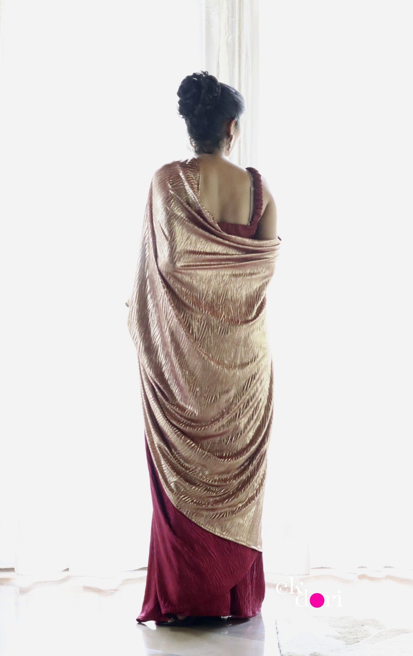 Goddess In Gold & Red : Micro Pleated Designer Saree : Metallic Cocktail Saree