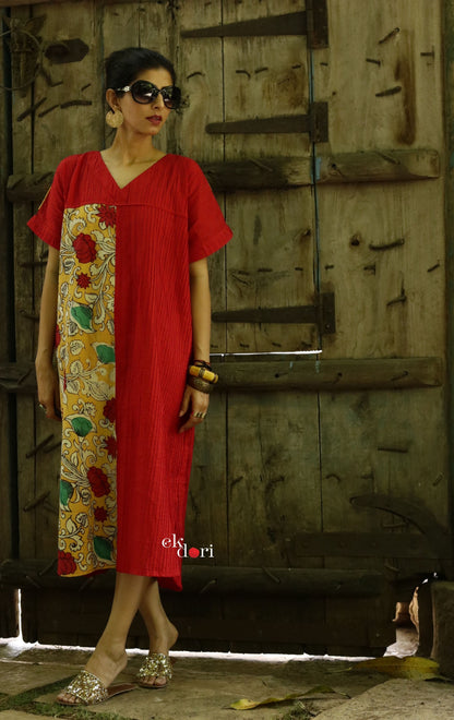 Buddha Kalamkari Kaftan Dress : Mangalgiri Cotton Kaftan Dress Kurta
