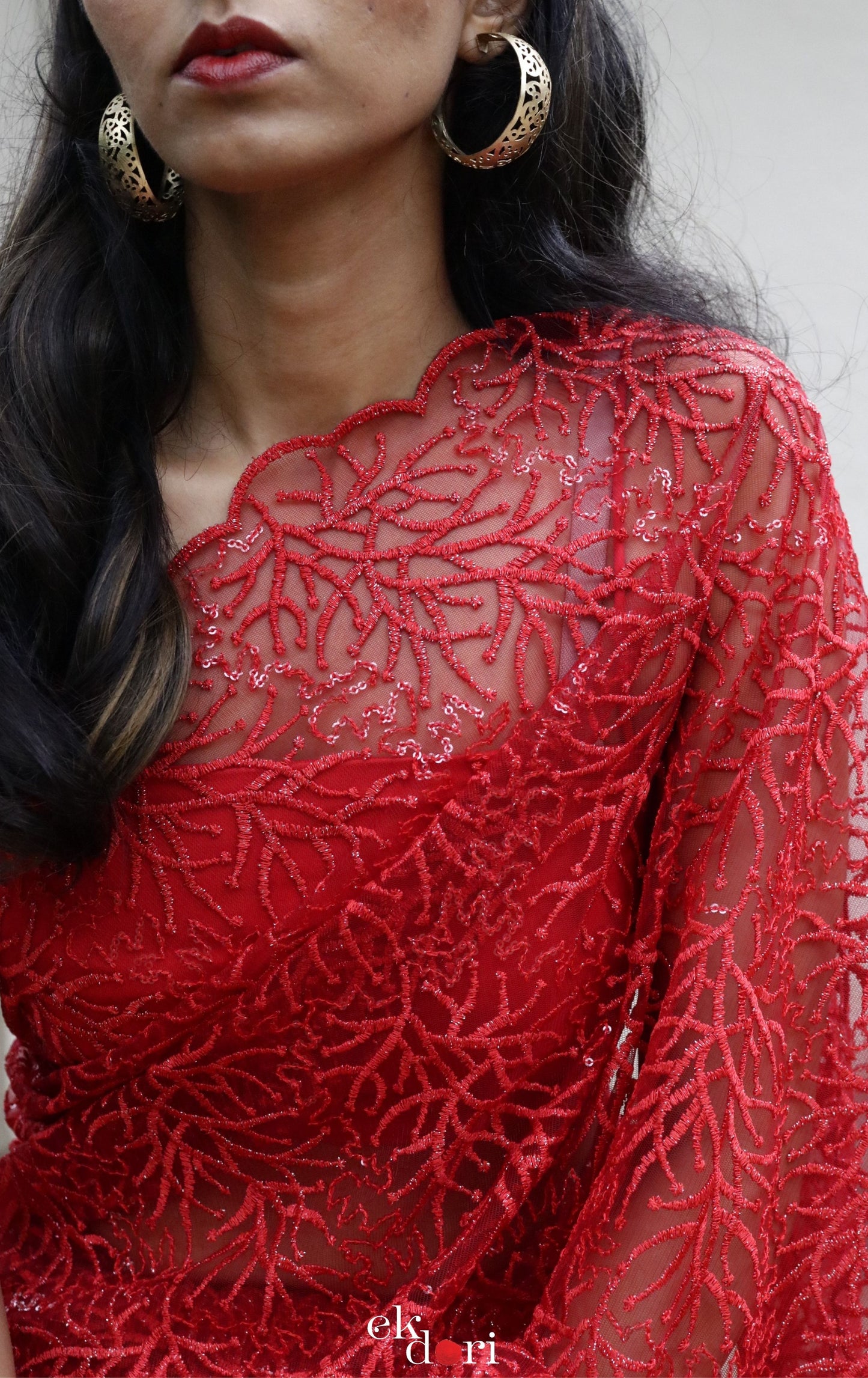 Statement Cocktail Net And Lace Red Saree : Lady In Red Net Lace Saree