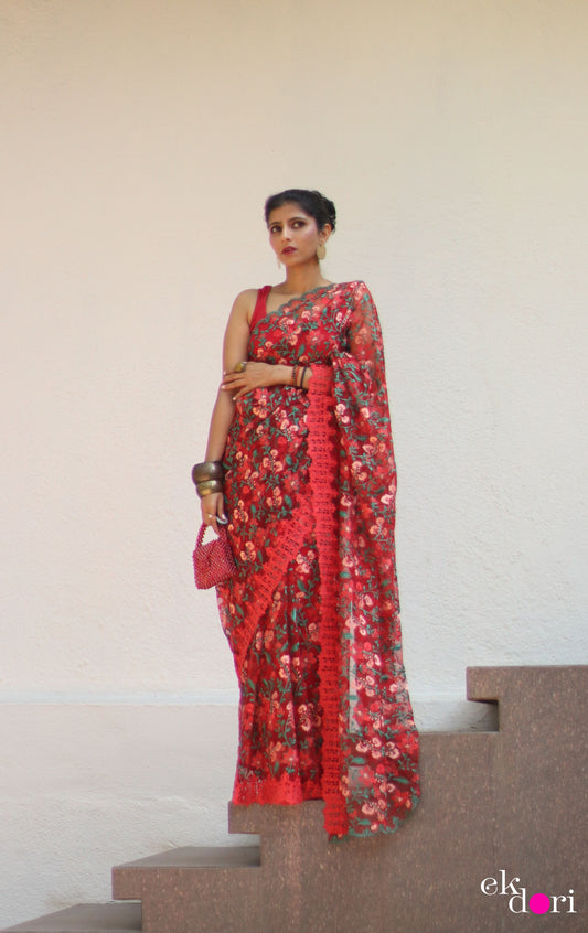 Buy Designer Net Saree : Rose Garden Floral Red Net Saree