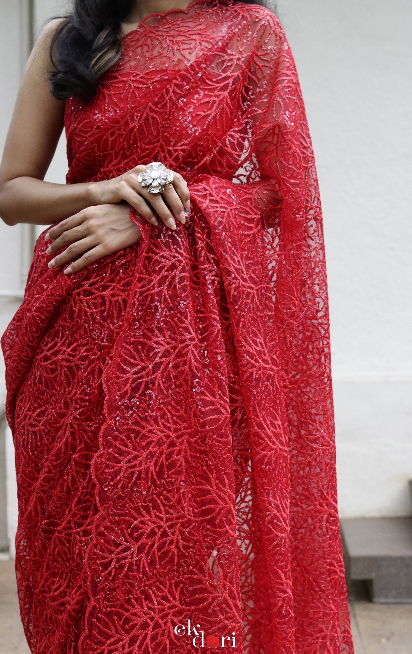 Statement Cocktail Net And Lace Red Saree : Lady In Red Net Lace Saree