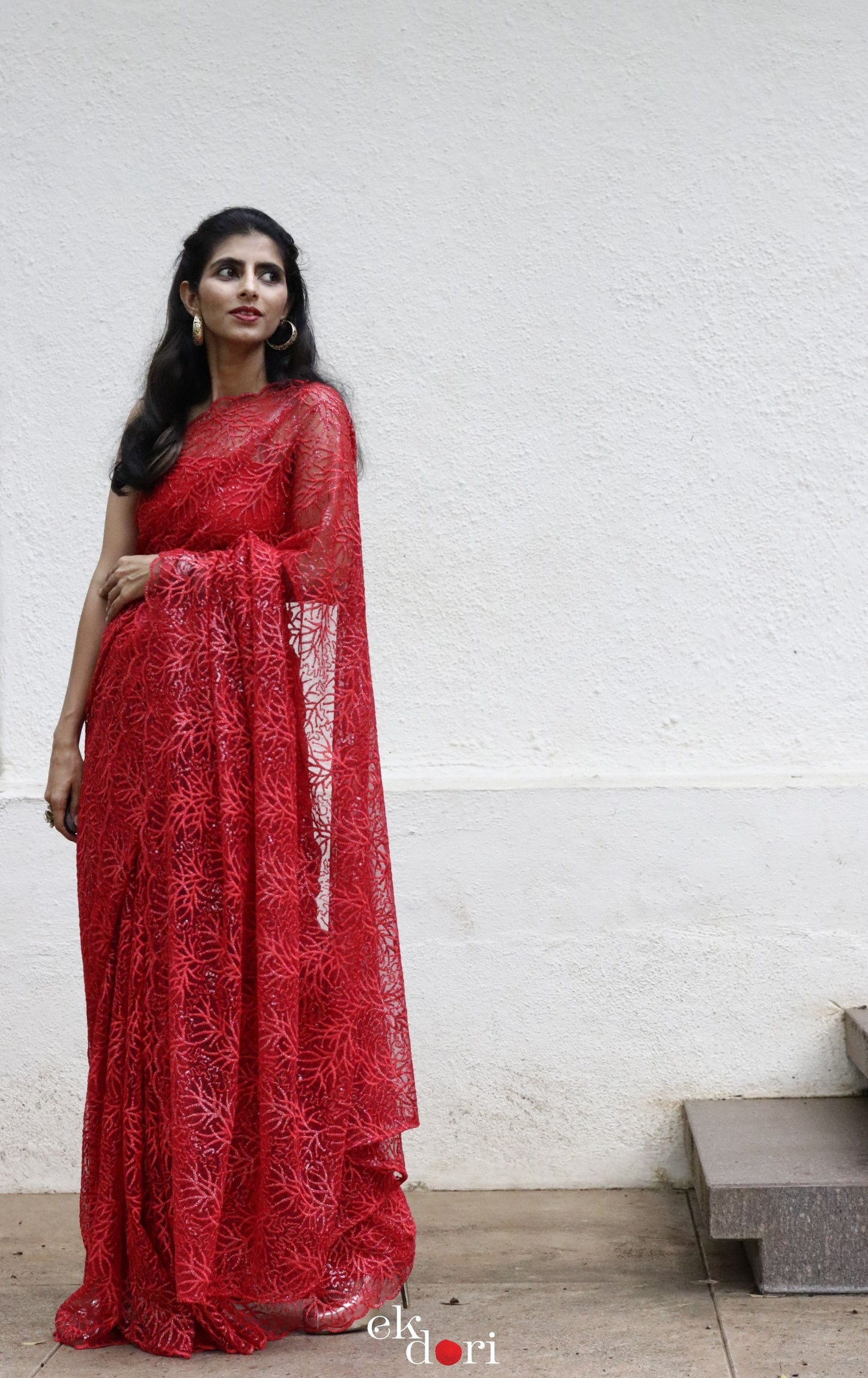 Statement Cocktail Net And Lace Red Saree : Lady In Red Net Lace Saree