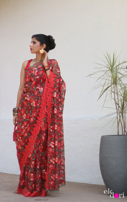 Buy Designer Net Saree : Rose Garden Floral Red Net Saree
