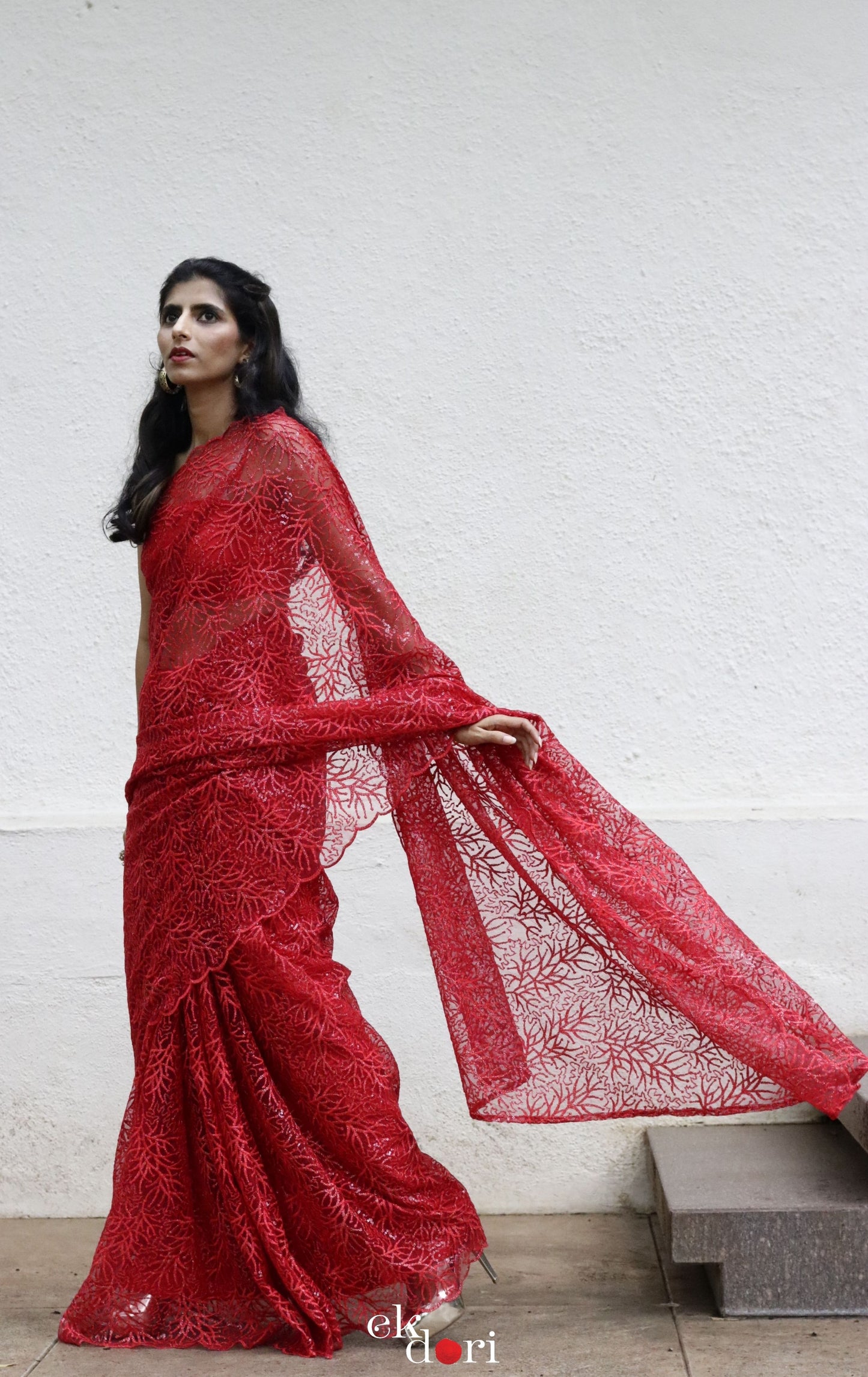 Statement Cocktail Net And Lace Red Saree : Lady In Red Net Lace Saree