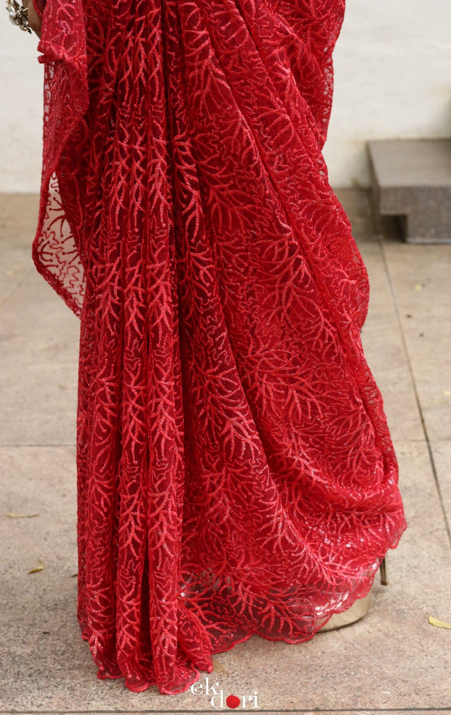 Statement Cocktail Net And Lace Red Saree : Lady In Red Net Lace Saree