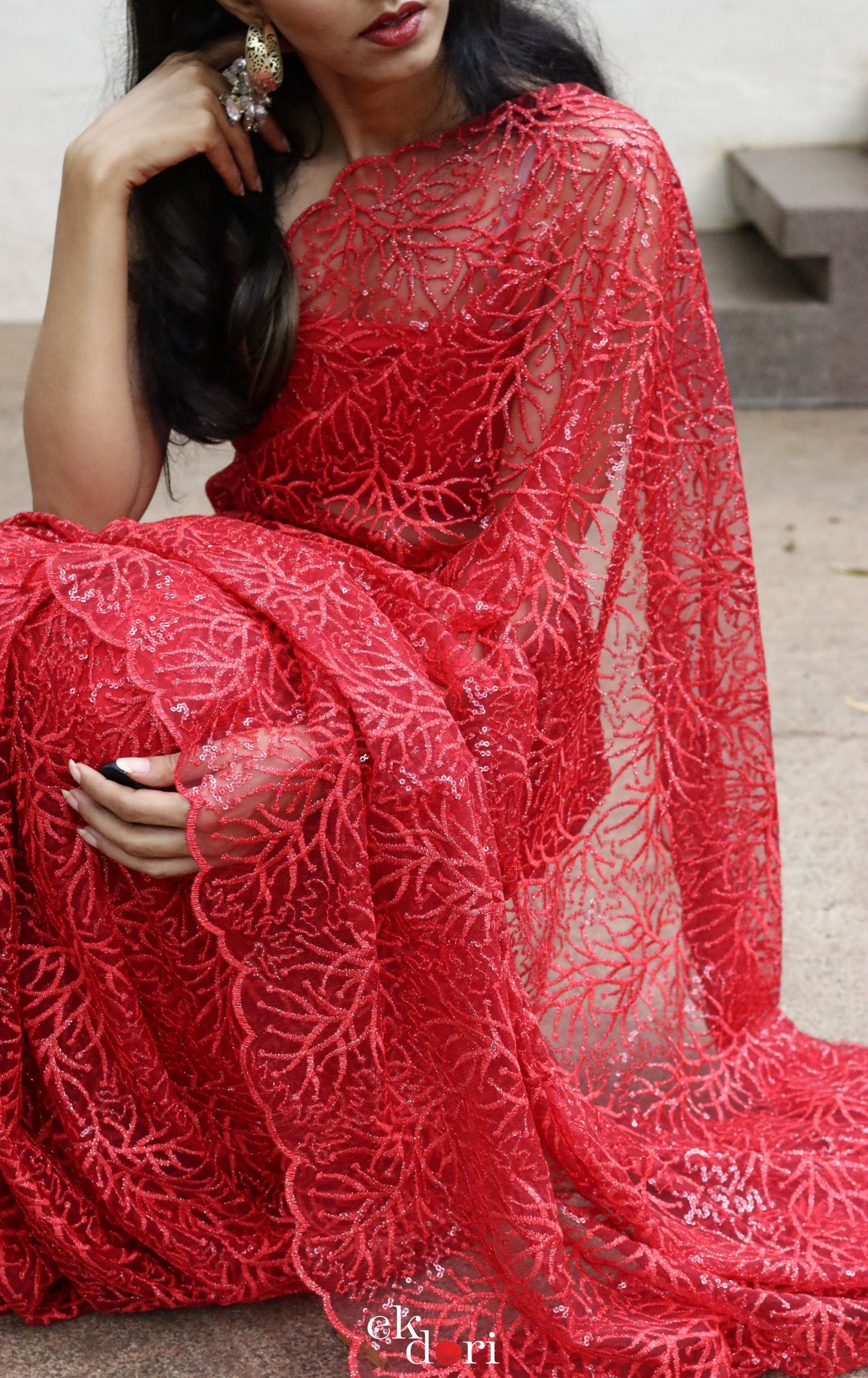 Statement Cocktail Net And Lace Red Saree : Lady In Red Net Lace Saree