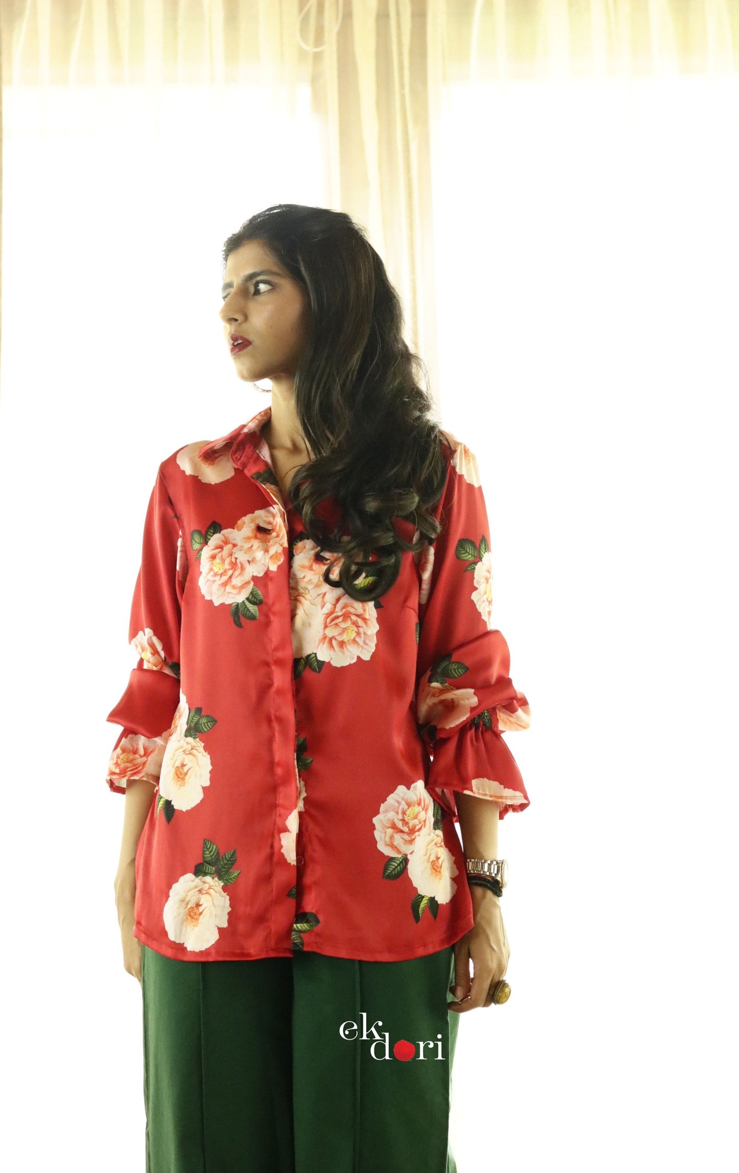 Dhalia Red Satin Shirt : Modern Fun Red Evening Shirt