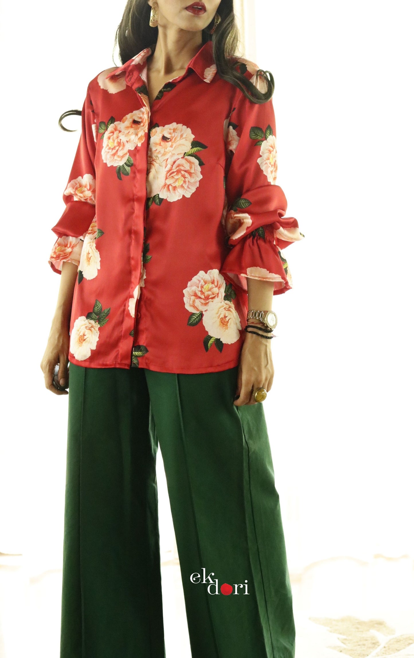 Dhalia Red Satin Shirt : Modern Fun Red Evening Shirt