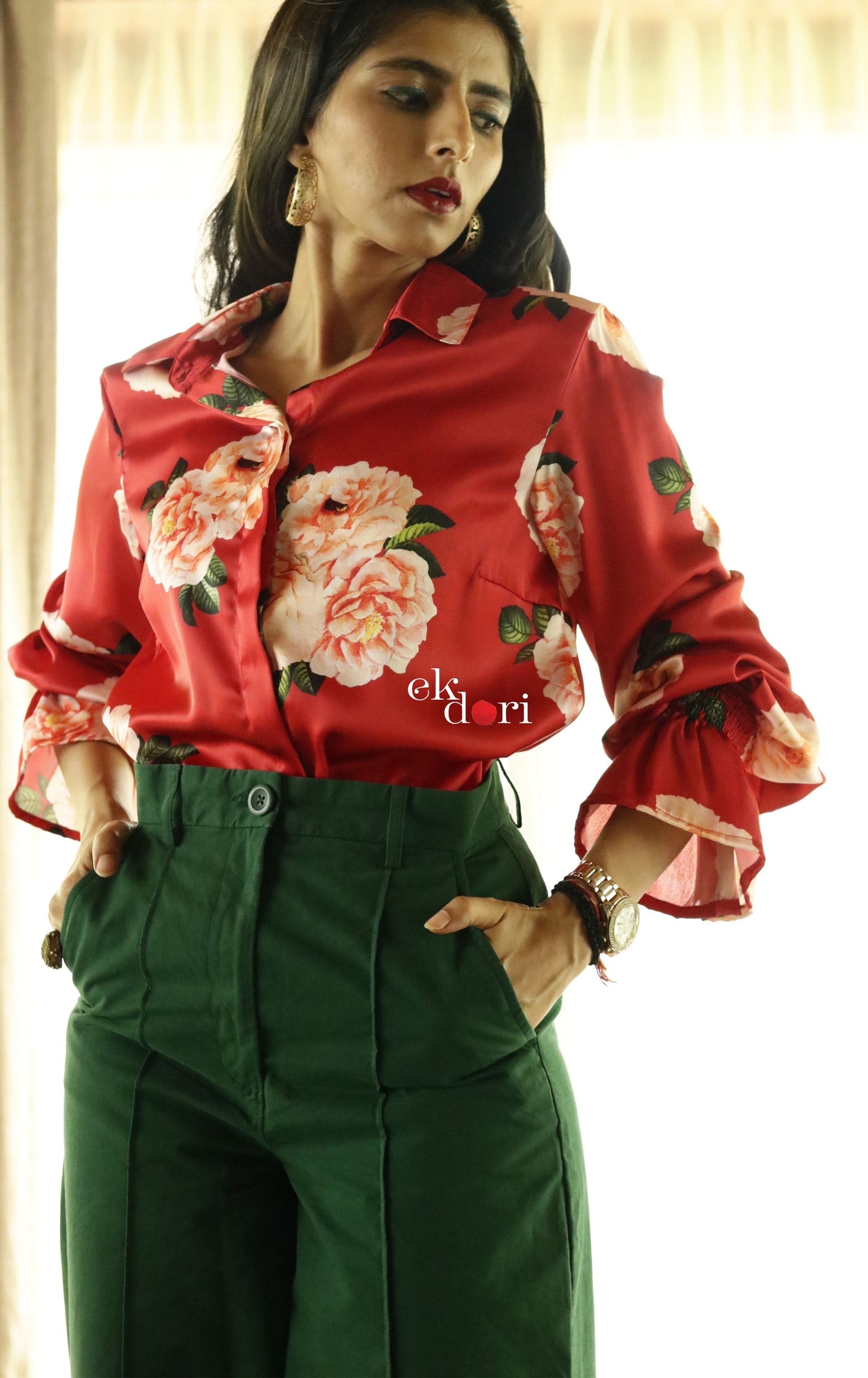 Dhalia Red Satin Shirt : Modern Fun Red Evening Shirt