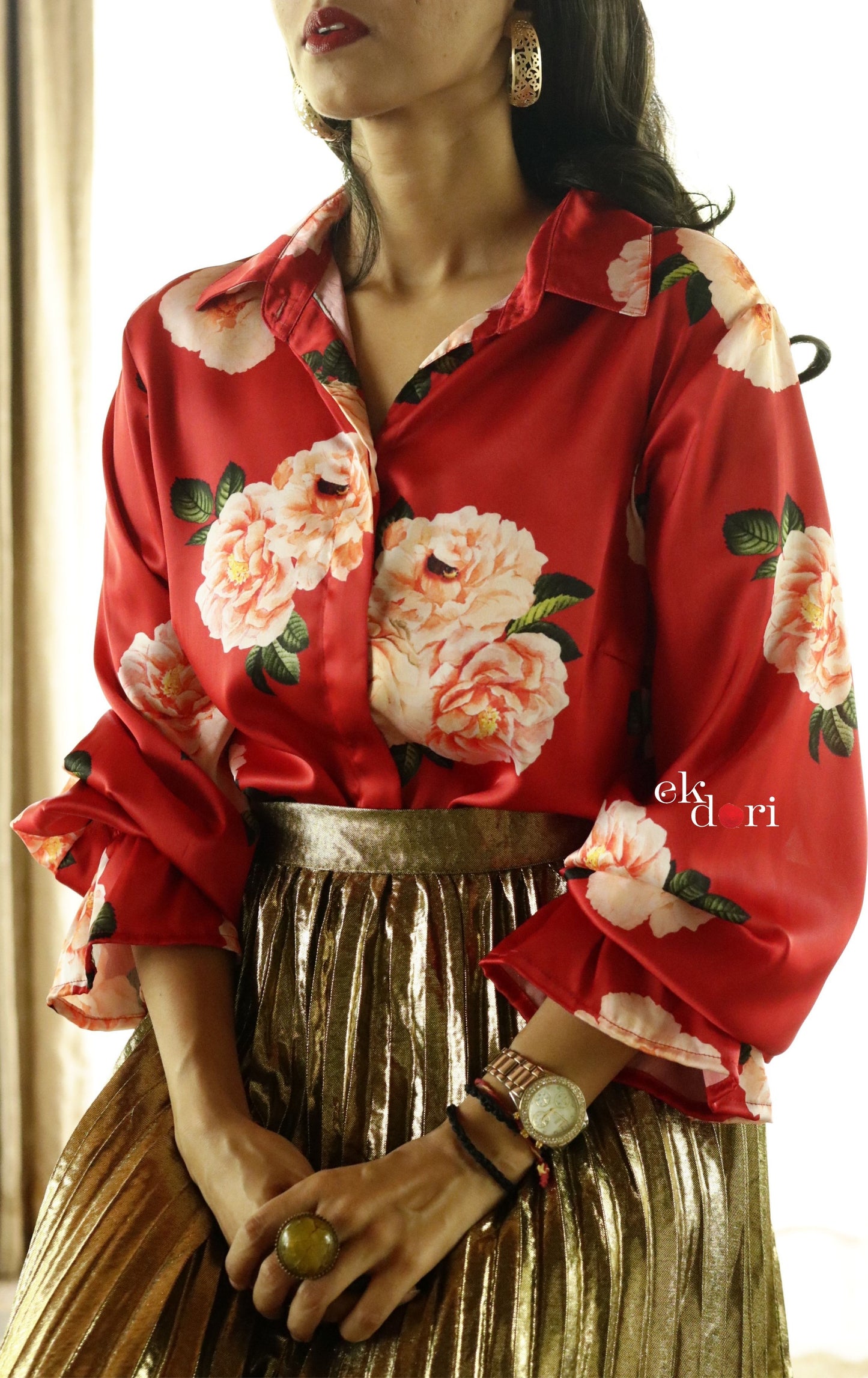 Dhalia Red Satin Shirt : Modern Fun Red Evening Shirt