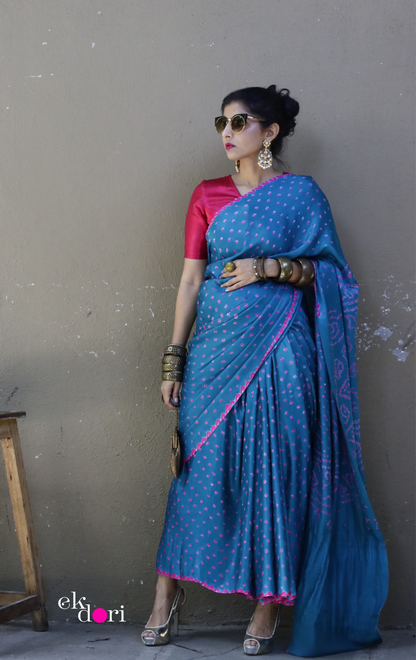 Buy Bandhani Designer Silk Saree Online : 'Teal Treasure' Silk Bandhani Hand Dyed Saree