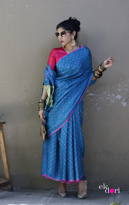 Buy Bandhani Designer Silk Saree Online : 'Teal Treasure' Silk Bandhani Hand Dyed Saree