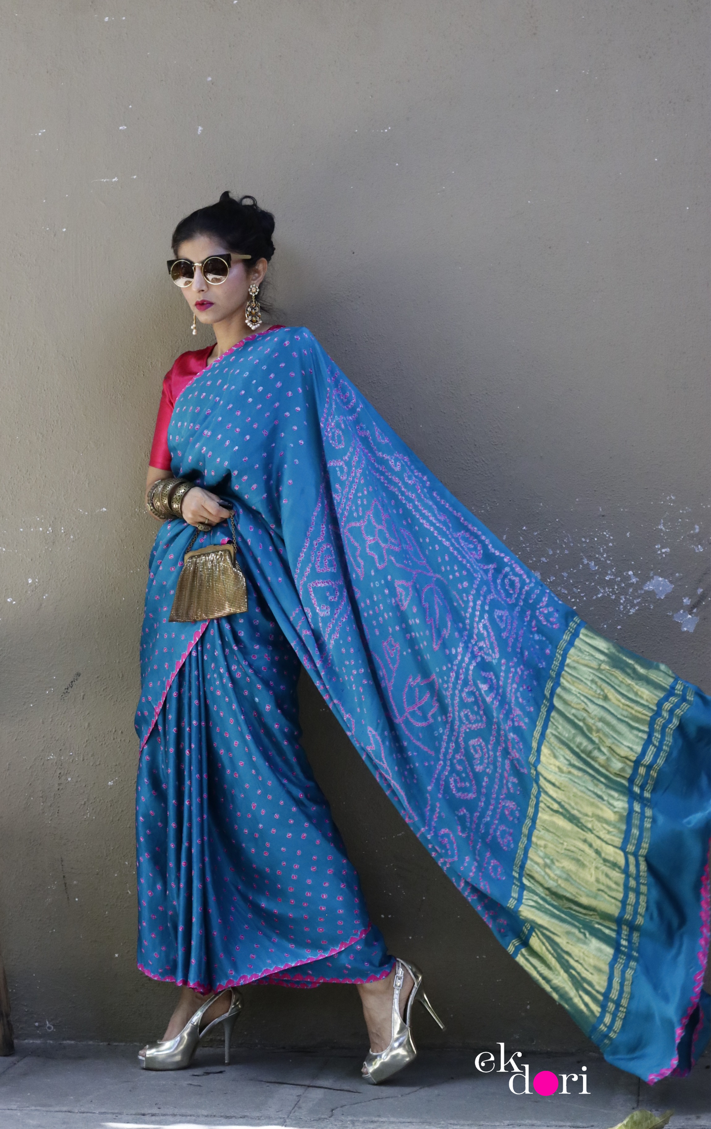 Buy Bandhani Designer Silk Saree Online : 'Teal Treasure' Silk Bandhani Hand Dyed Saree