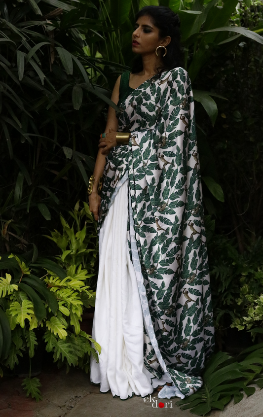 'Monkey Life' Tropical Print Satin Statement Saree : Buy Cocktail Sarees Online