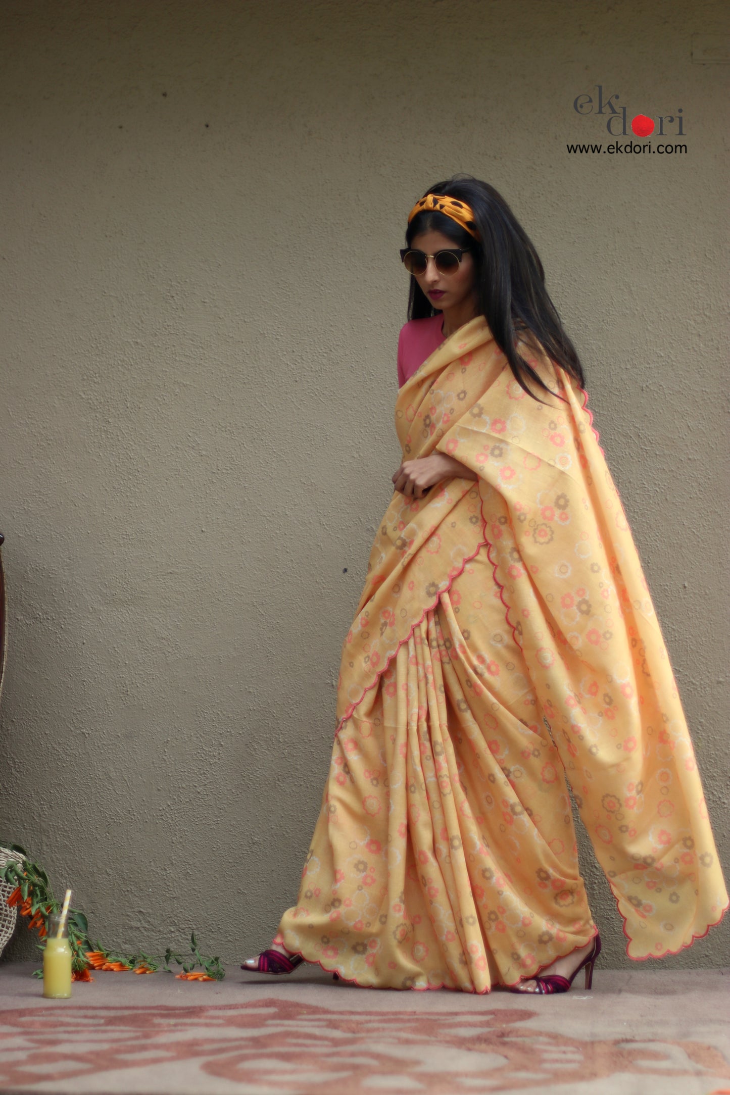 Buy Cotton Linen Sari : Groovy Mimosa Sari : Retro Collection