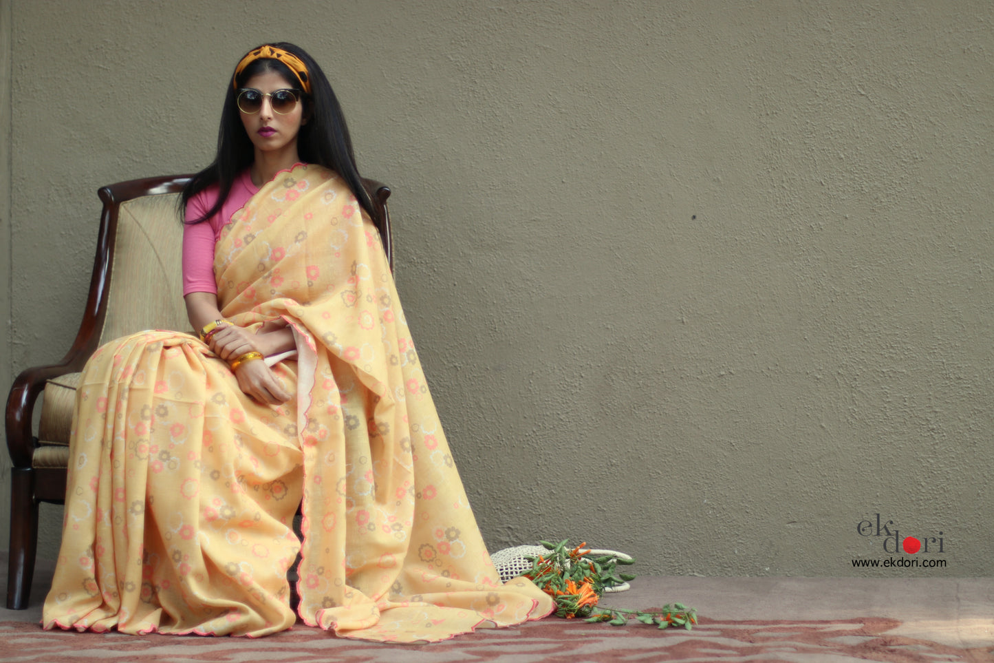 Buy Cotton Linen Sari : Groovy Mimosa Sari : Retro Collection