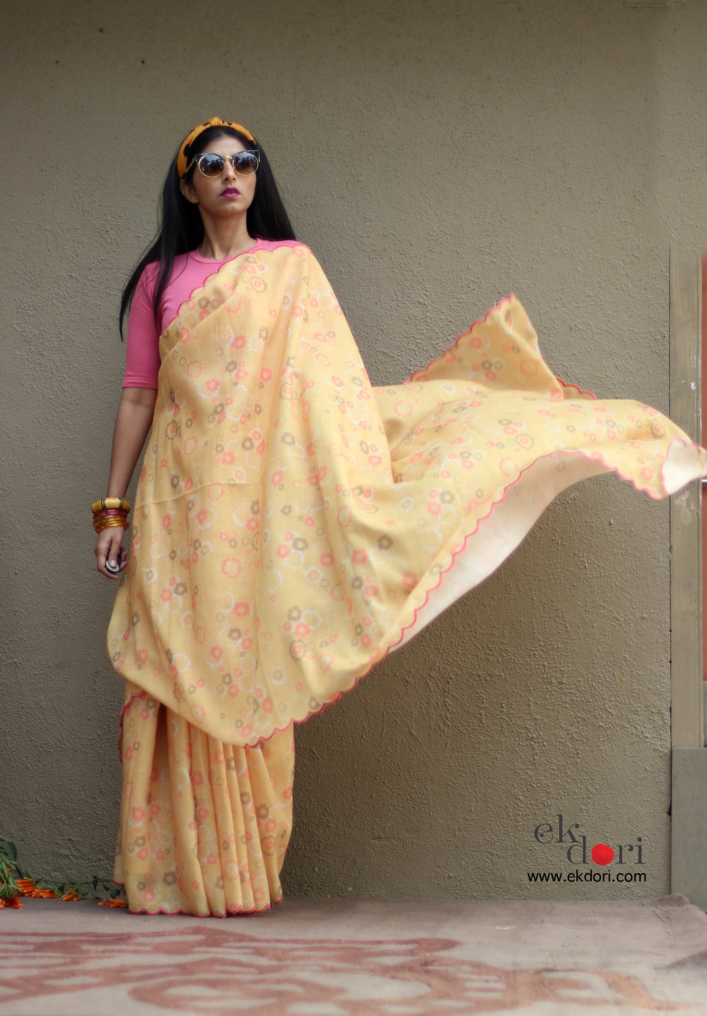 Buy Cotton Linen Sari : Groovy Mimosa Sari : Retro Collection