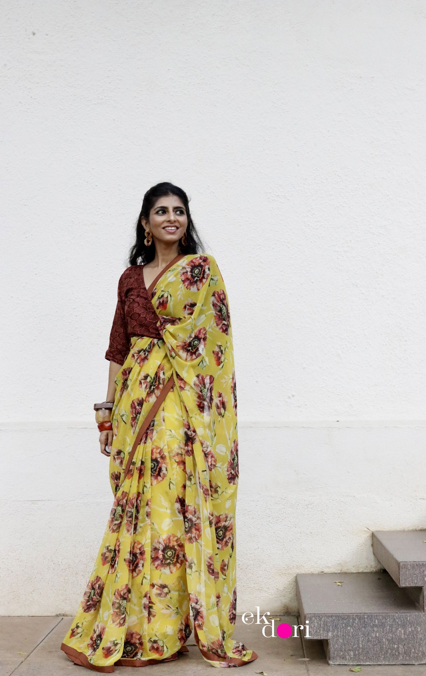 Buy Floral Chiffon Saree Online : 'Pretty Peonies' Floral Chiffon Saree With Cotton Border
