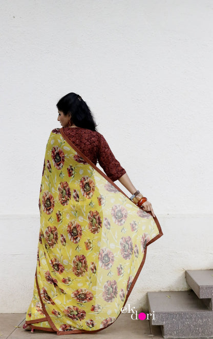 Buy Floral Chiffon Saree Online : 'Pretty Peonies' Floral Chiffon Saree With Cotton Border