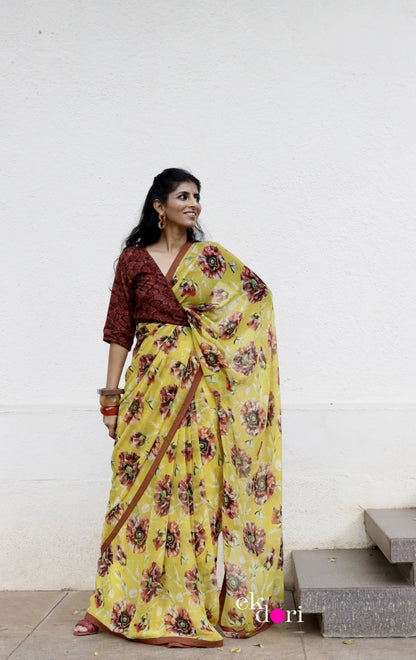 Buy Floral Chiffon Saree Online : 'Pretty Peonies' Floral Chiffon Saree With Cotton Border